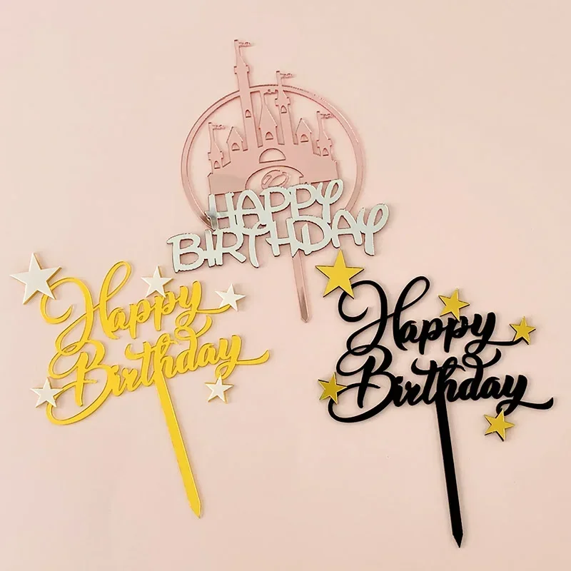 Golden Black Star Letter Double Layer Acrylic Happy Birthday Cake Topper Baby Shower Kids Favors  Decoration Cupcake Toppers