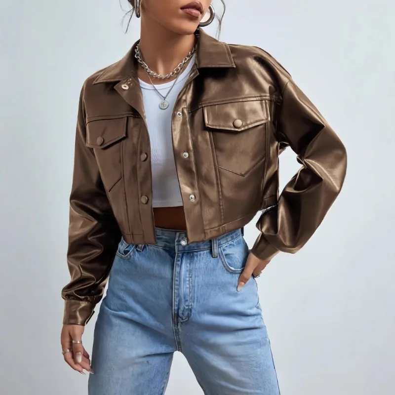 Autumn Women Faux Leather Cropped Jacket New Vintage Classic Black Button Overcoat Jacket Casual High Street Women's Jacket Y2k