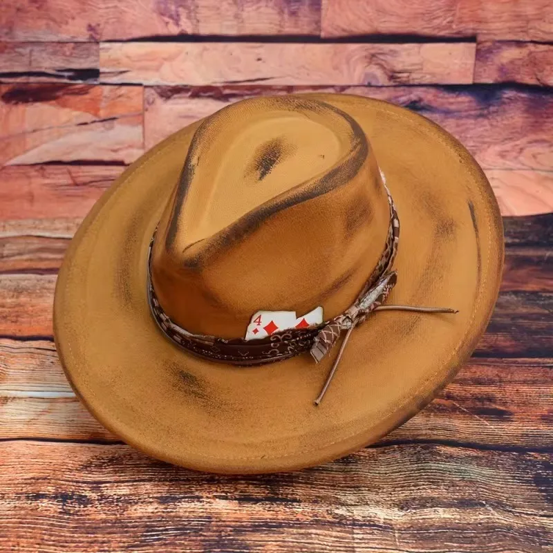 Retro Jazz Distressed Woolen Cap Imitation Wool Felt Hat Poker Flat Brim Denim Hat 56-58cm Orange Green Khaki Color