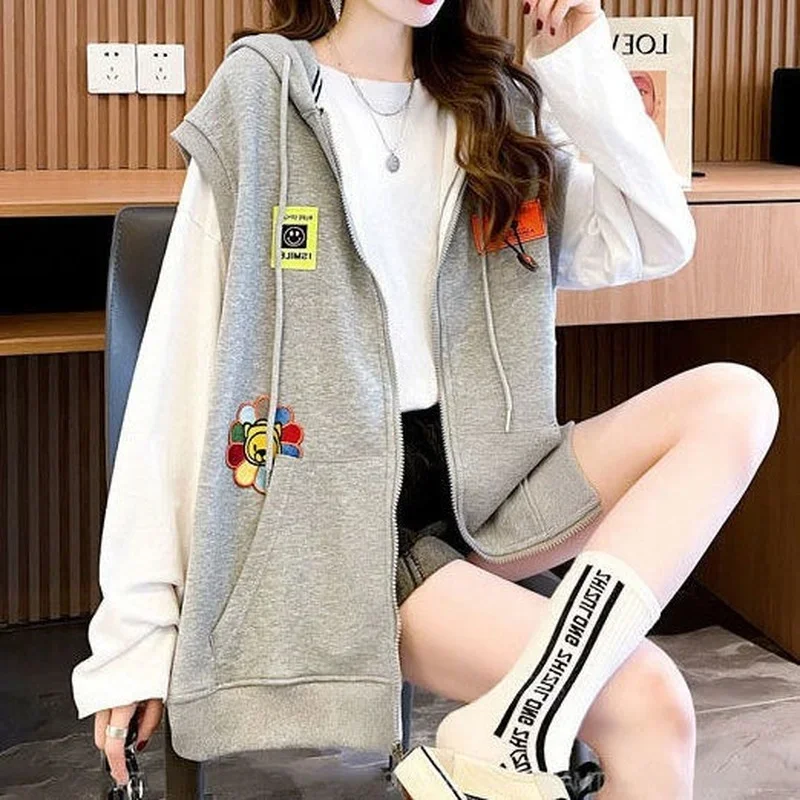 Cotton Hooded Sweatshirt Vest Women\'s Sleeveless Top Coat Retro Leisure Korean Fashion Harajuku Style Plus Size Loose Cardigan