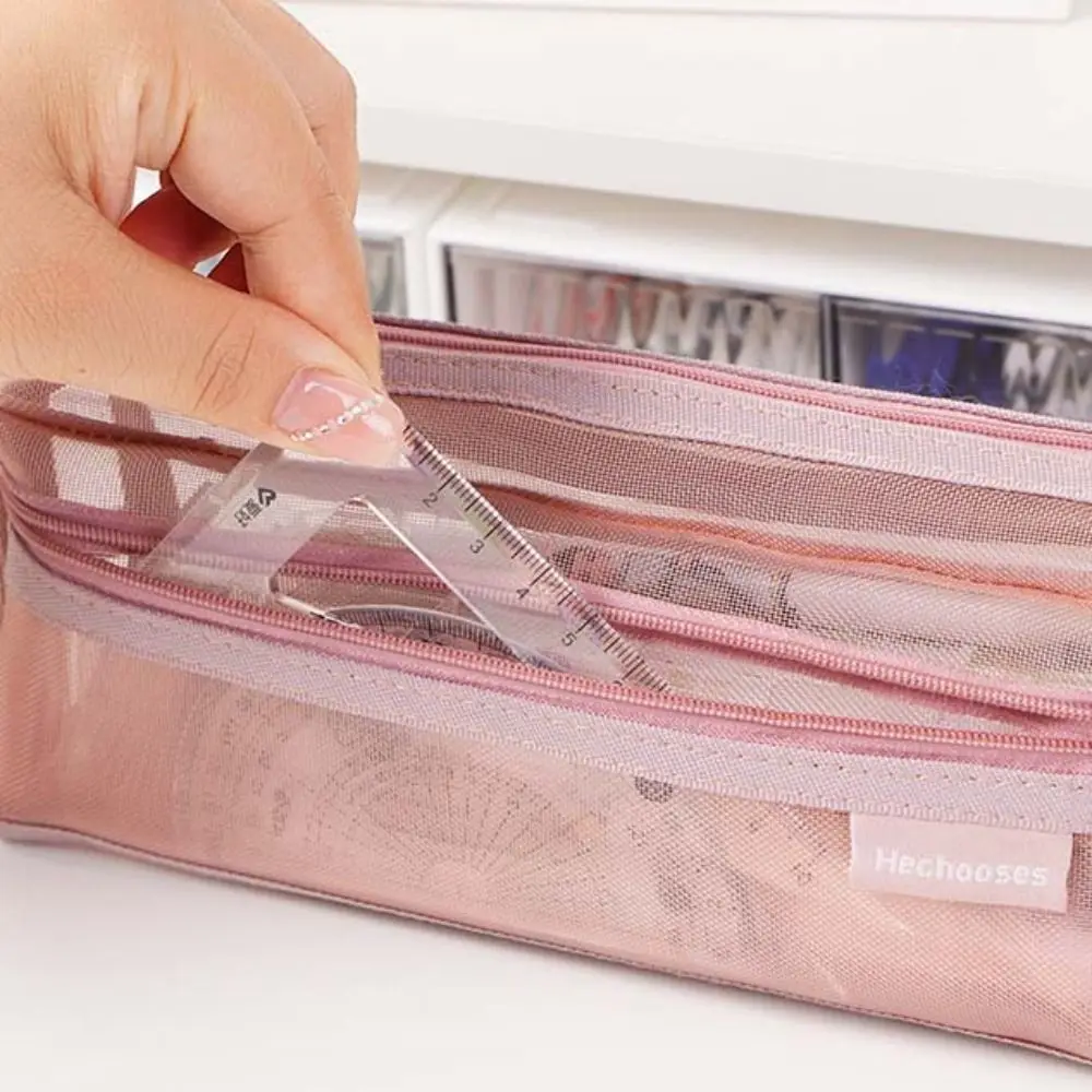 Trousse à Crayons en Maille Double Couche, Rétro, Grande Capacité, Transparente, Cosmétique, Rangement, Fermeture Éclair, Papeterie