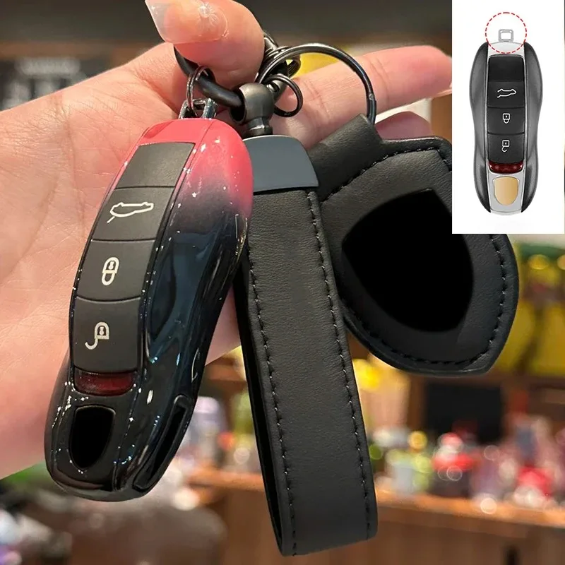 For Porsche Panamera Cayenne Macan 718 Cayman Boxster 911 Taycan 10-25 Car Pink Black Gradient Key Case Protective Shell Cover