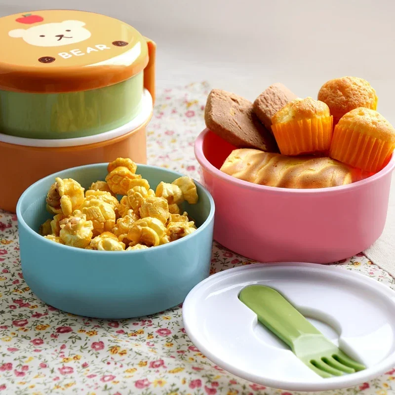 Cute Animal Lunch Box Japanese Double-layer Round Mini Bento Box Children's Fruit Box Snack Box Microwave Kids Lunch Box 540ml