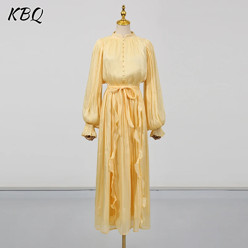 

KBQ Solid Spliced Button Tunic Dresses for Women Stand Collar Long Sleeve High Waist Patchwork Lace Up Dress Female Fashion New