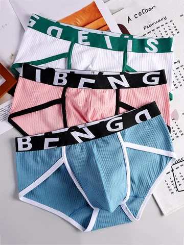 3-Piece Men's Cotton Ribbed Briefs Set - "BENG" Letter Waistband Underwear (White/Pink/Blue)