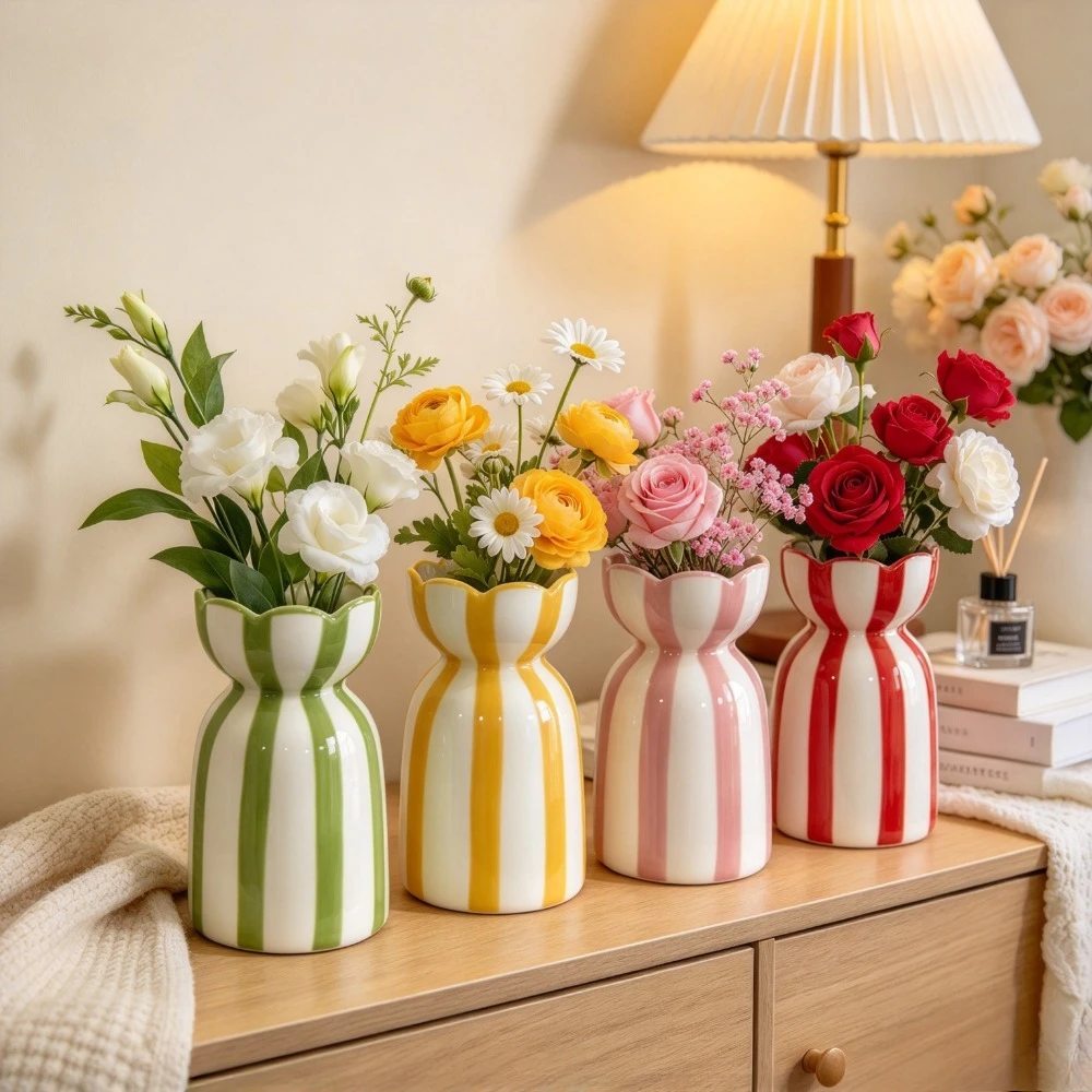 Cute Striped Ceramic Flower Vase Wave Scalloped Rim Decorative Vase Small Table Centerpiece Home Decor Gift for Housewarming