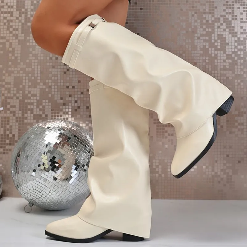 New Women's Boots 2026 Pointed Toe Long Tube Boots Metal Buckle Chunky Heel Pants Boot Women Fashion Winter Boots Large Size 43