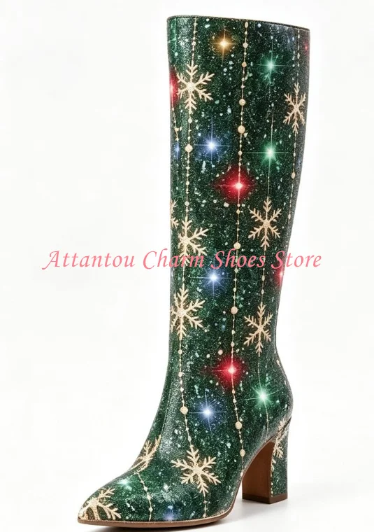 New 7cm Chunky Heel Woman Long Boots Fashion Design Printed Knee High Boots Lady Large Size Banquet Dress Party High Heels Shoes