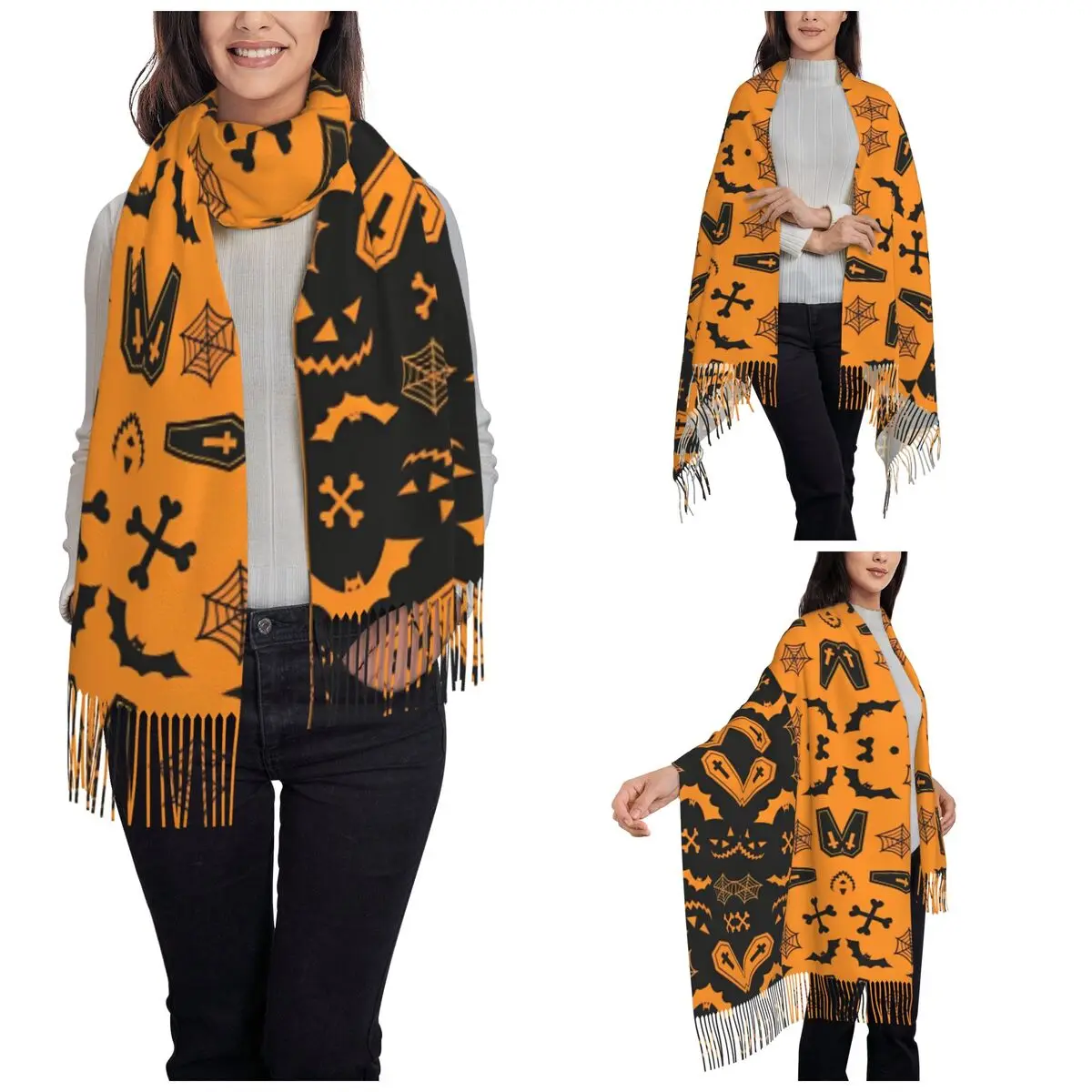 Halloween Pumpkins Ghosts Scarf for Women Warm Winter Shawl Wrap Trick or Treat Kawaii Long Large Shawl Scarf Ladies