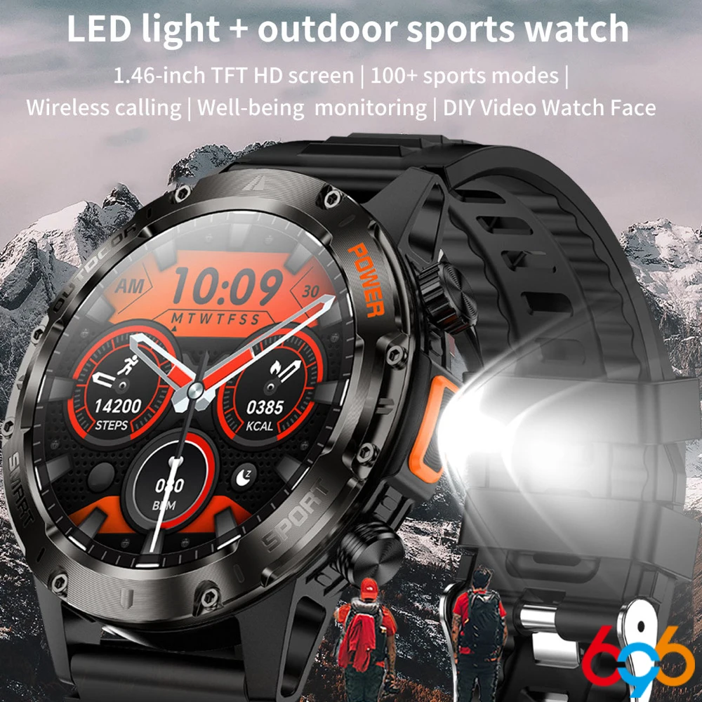 Jam Tangan Pintar Senter LED Luar Ruangan untuk Pria Dial Video DIY 100+ Mode Olahraga Tahan Air Panggilan BT Jam Tangan Pintar Monitor Kesehatan