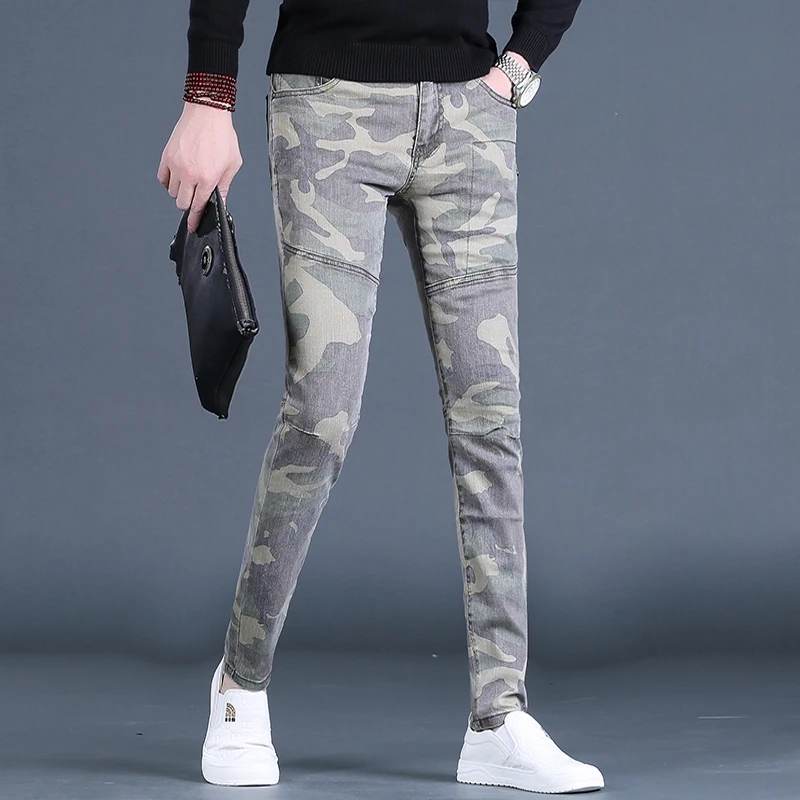 Autumn Men\'s Camouflage Jeans Casual Slim Fit Straight Leg Pants Streetwear Fashion Cotton Army Green Denim Trousers CP2071