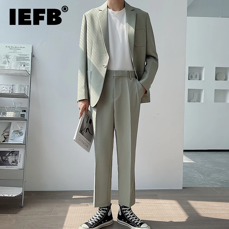 IEFB Men\'s Suit Set Solid Color Loose Two-piece Set 2023 New Summer Fashion Solid Color Temperament Business Casual Luxury