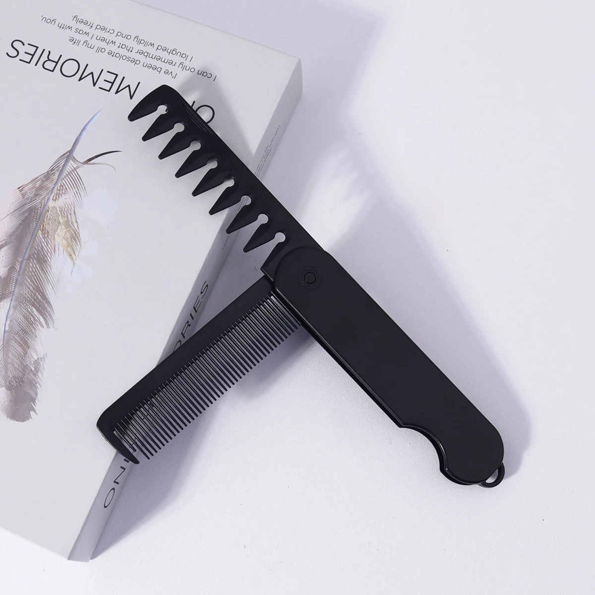 1 black 2-in-1 folding comb, suitable for dry and wet hair with bangs, durable ABS plastic handle,special for real hair wigs