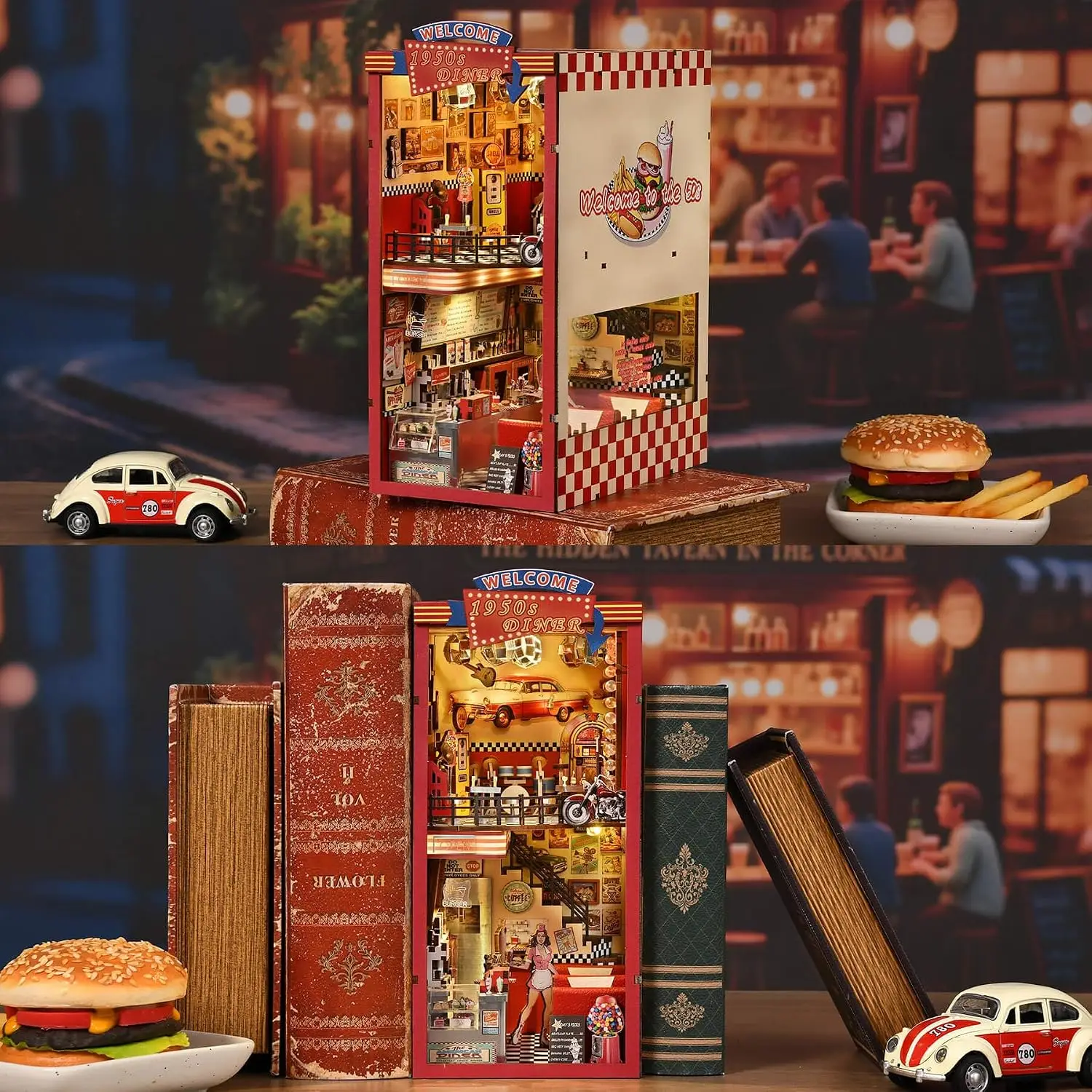 Book Nook Kit - DIY Miniature Dollhouse for Adults and Teens, 3D Wooden Puzzle Booknook with LED Light, Retro Tiny House Bookshe