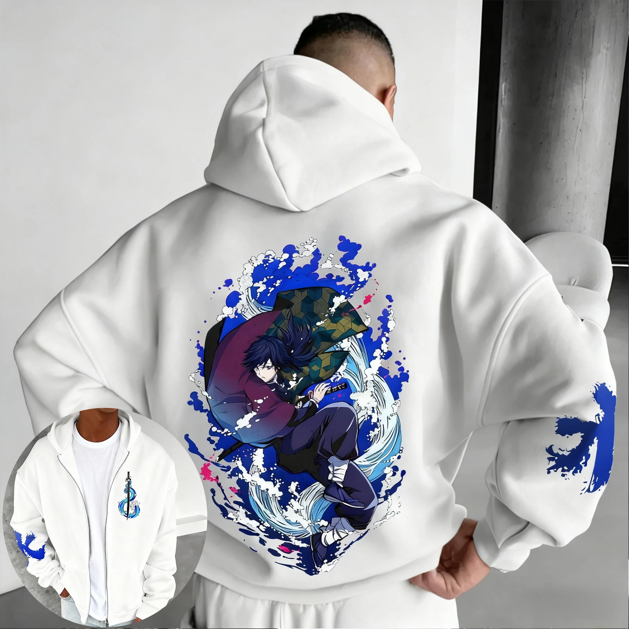 

Demon Slayer Anime White Zipper Hoodie 2025 Autumn/Winter New Men's Tomioka Giyuu Printed Casual Loose Plus Size Sweater Top