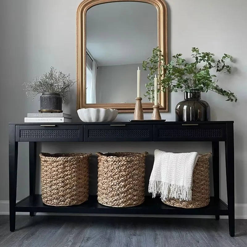 French entrance table solid wood storage table living room decorative table rattan
