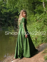 Vintage Hunter Green Renaissance Medieval Evening Dresses Long Sleeve Bustle Renaissance Theater Costume Prom Gown Outfit