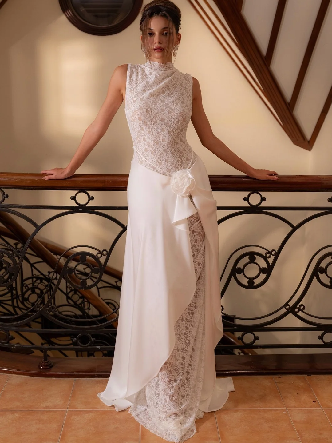 

Белое кружевное вечернее платье А-силуэта с разрезом и завышенной талией для женщин 8-25 лет