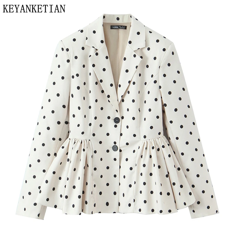 KEYANKETIAN 2026 Spring New Women's Polka Dot Print Suit Stylish Chic Tiered Ruffles Decoration Single Breasted Slim Blazer Top