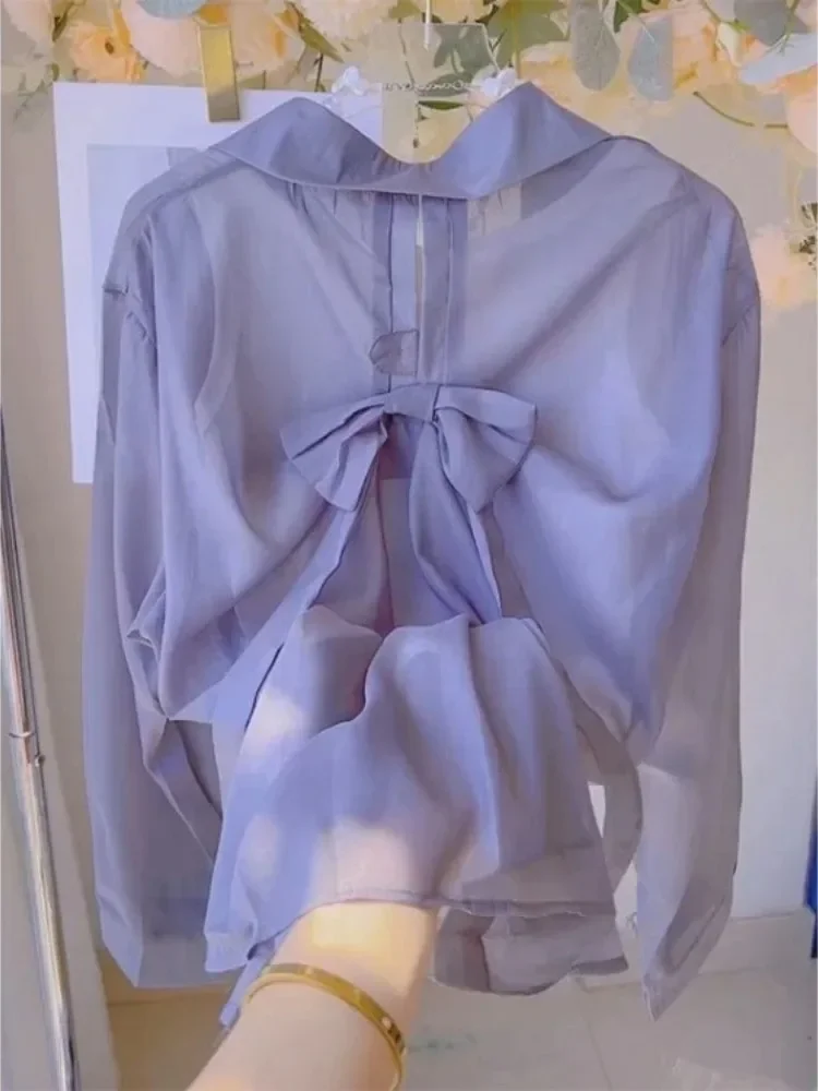 

2025 Blusas Mujer De Moda Summer Blouse For Women Long Sleeve Chiffon Shirts Bow See Through Korean Blouses Thin Oversized Tops