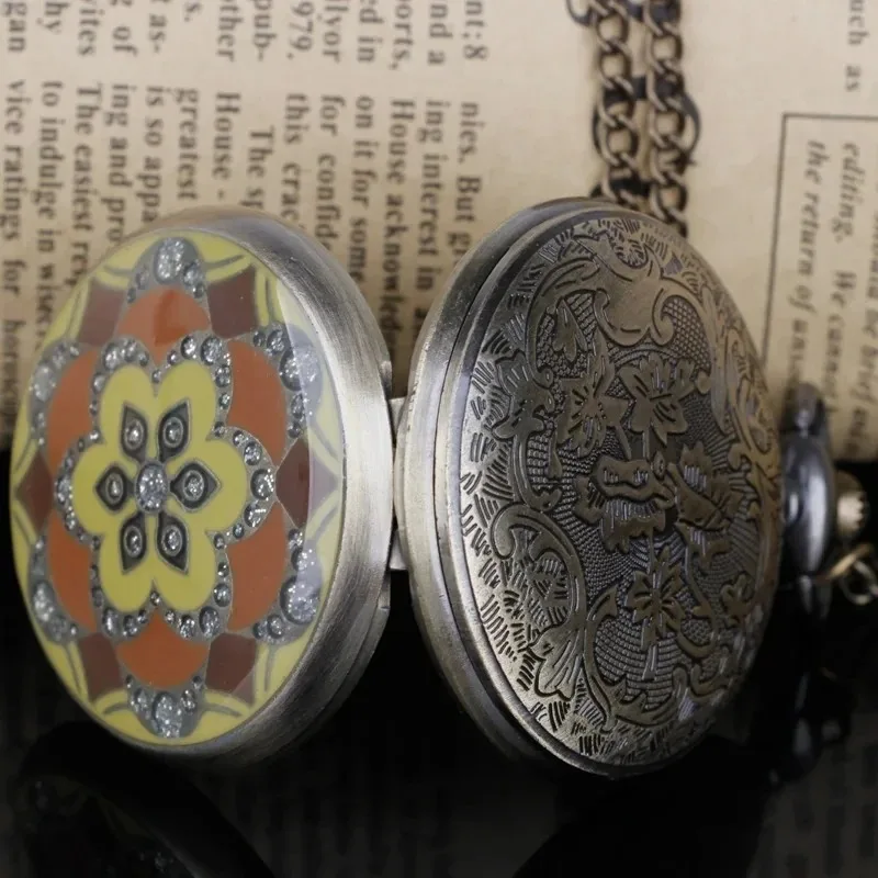 クラシックフラワーモチーフダイヤモンドクォーツ懐中時計チェーン付き男性と女性のネックレス時計スチームパンクファッションギフトアクセサリー