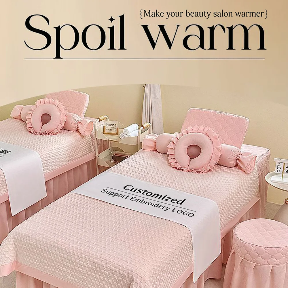 

Комплект из 4 предметов: Новые роскошные чехлы для косметологических кушеток с индивидуальным логотипом оптом – для спа, массажа, парикмахерских процедур, всесезонные.