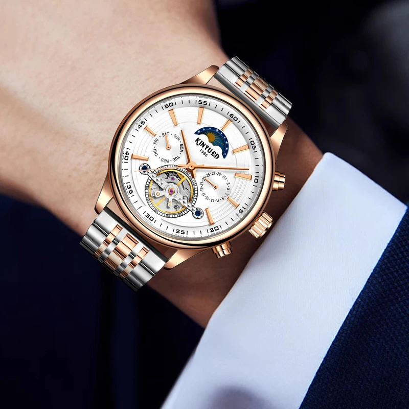 KINYUED Orologio meccanico di moda di marca per uomo Multifunzionale fasi lunari Settimana Data Tourbillon automatico di lusso Orologi da uomo