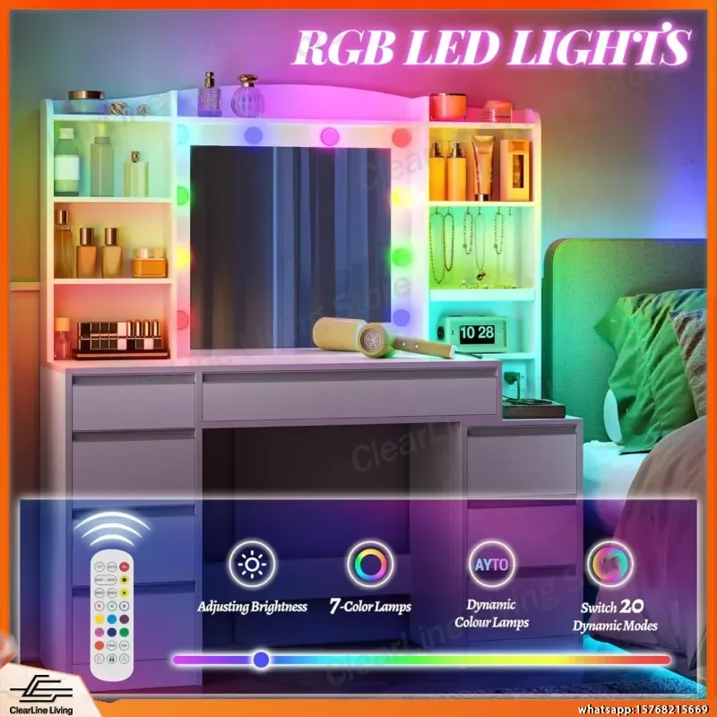 White Vanity Desk with LED Mirror Power Strip 47.2 Inch Modern Makeup Table with 8 Drawers 8 Shelves Bedroom Dressing Table