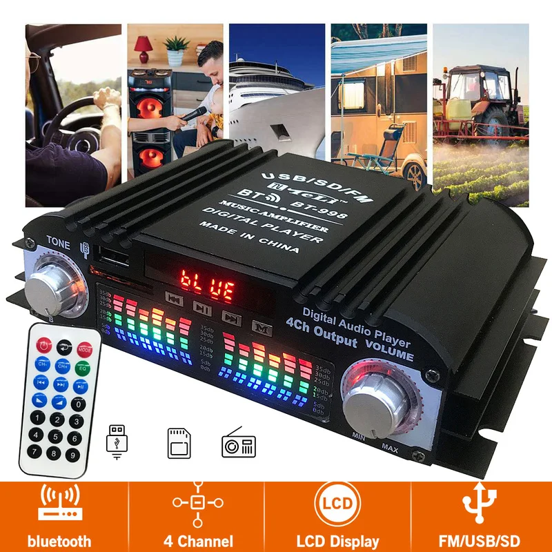 

Car Home Amplifier 4 Channels Hifi Stereo Audio Car Speakers Booster Powered Subwoofer Amplificador Bluetooth support FM U Disk