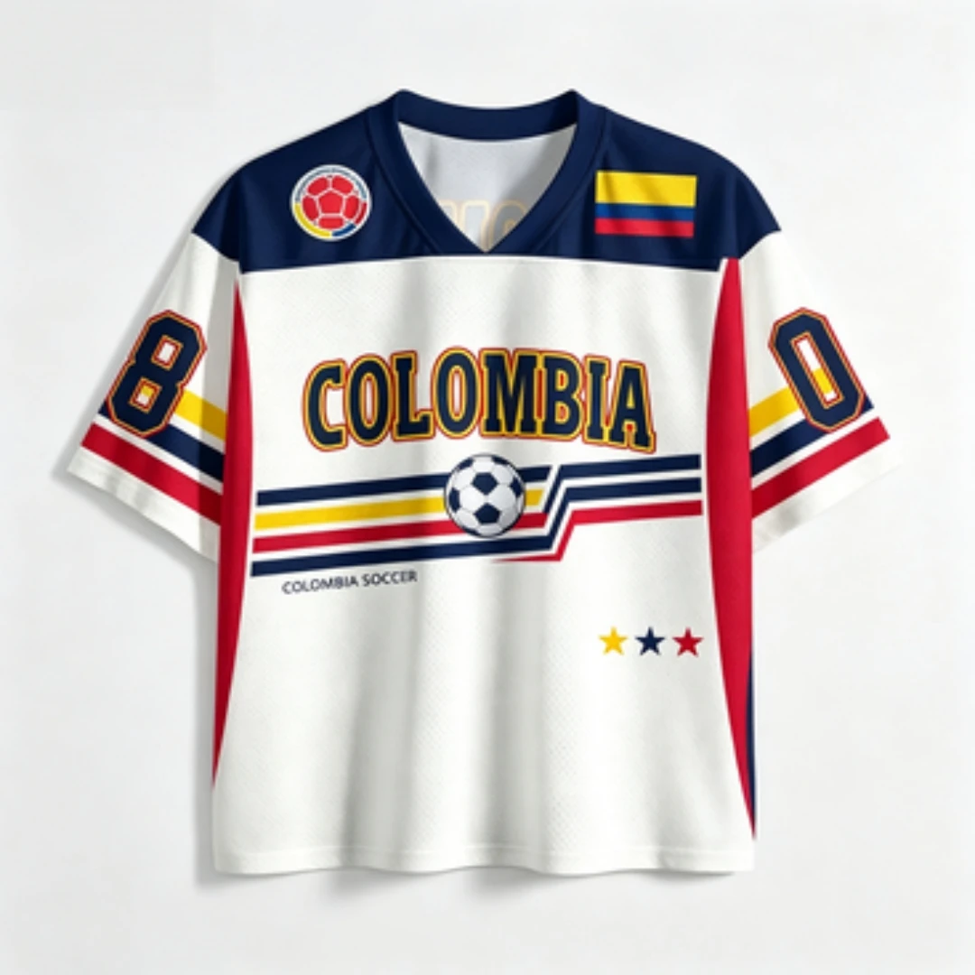 Colombia Jersey Full Body Printed Mesh V-neck Short Sleeved White Navy Blue Retro Number 08 Colombia Flag Streetwear Sports Top