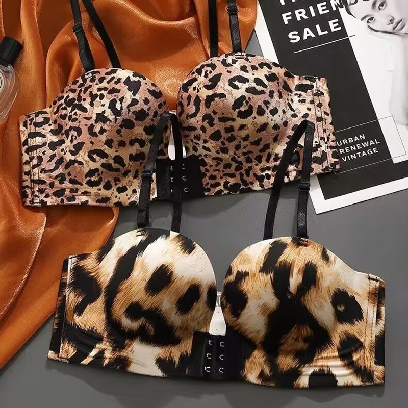 

Sexy Front Buckle Leopard Print Women's Underwear Gathered And Collected With Breasts Without Steel Rings And Strapless Bra