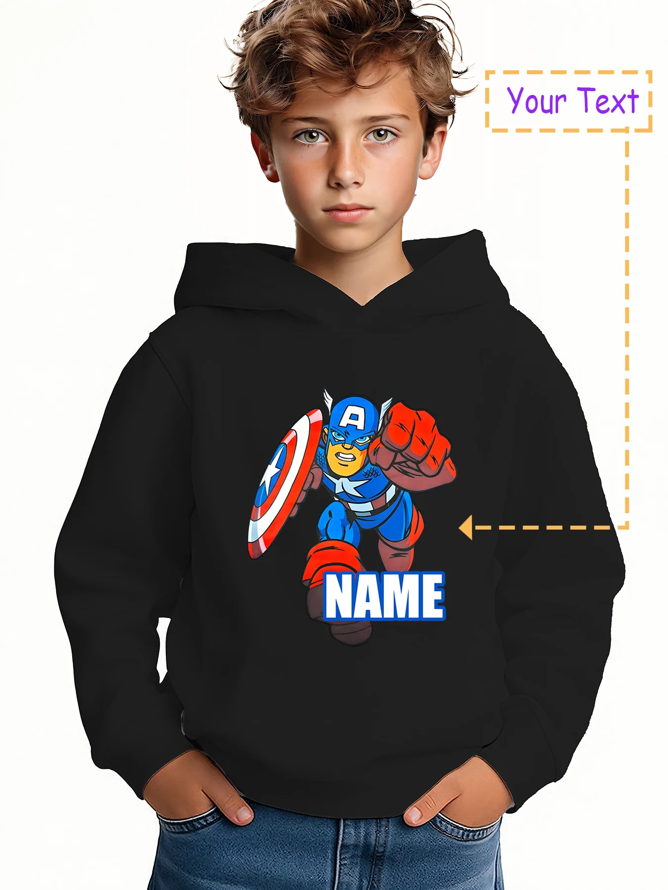 

MINISO Captain America Attack Hoodie - Cartoon Captain America fighting style with fists, brave and handsome style, suitable for