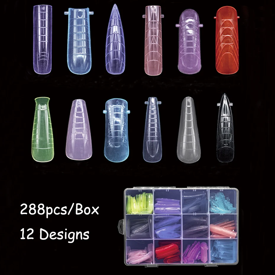 288 Pz/scatola Gel di Estensione Unghie per Costruzione Rapida Stampo 12 Formati per Unghie Francese Stile Copertura Completa Dito Top Forme Suggerimenti Strumenti