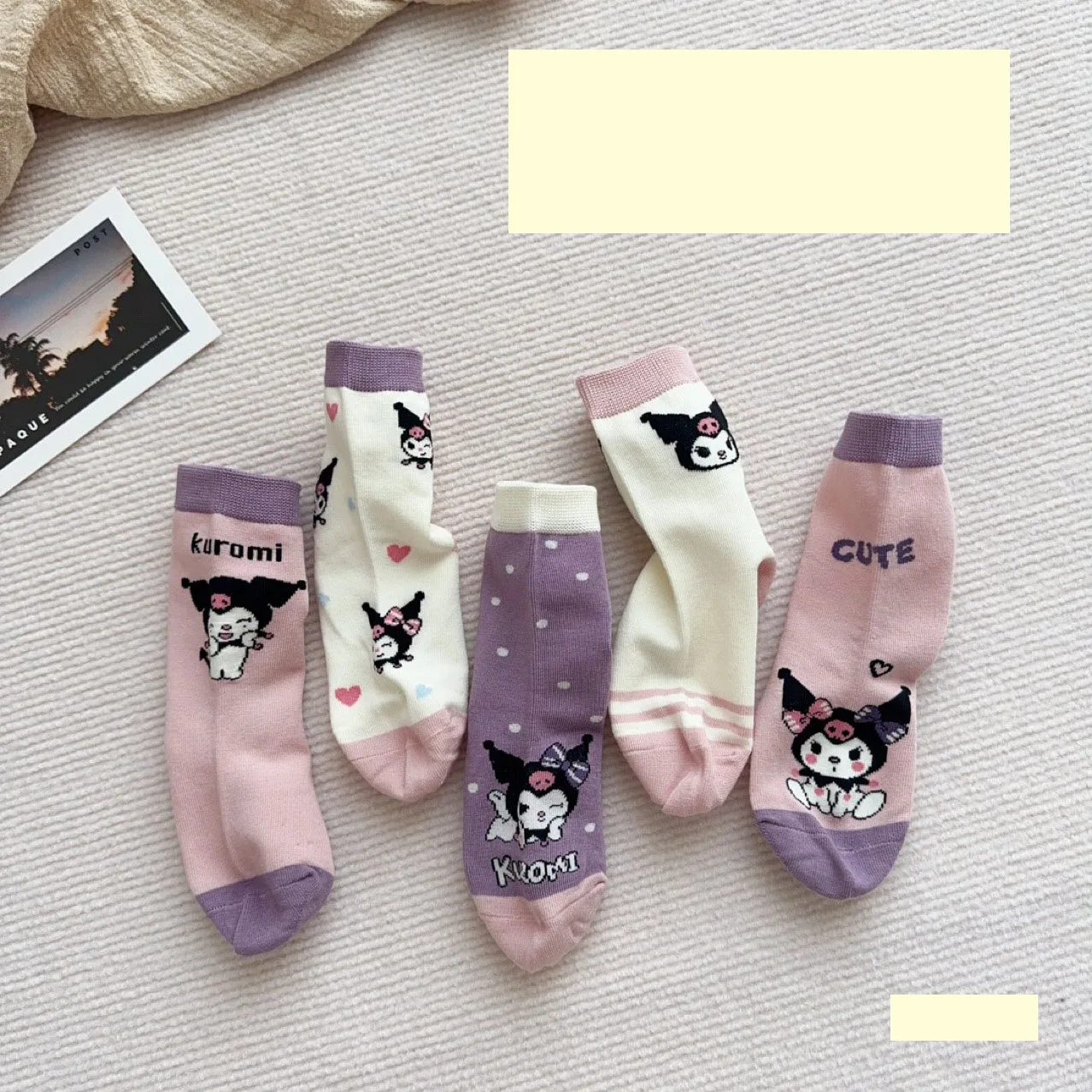 

5Pairs Sanrio Kuromi Socks Spring and Summer Thin Breathable Kuromi Childrens Girl Sock Purple Movement Mid-calf Cotton Sock