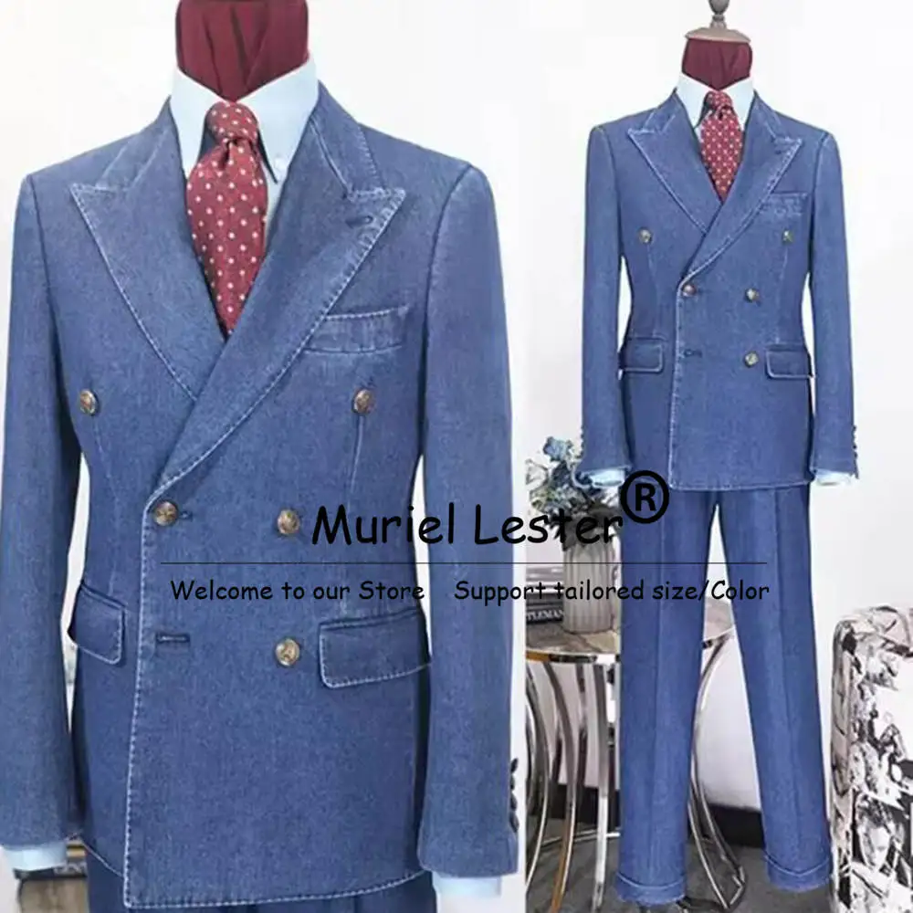 

Элегантный легкий джинсовый костюм, мужские двубортные пиджаки, комплекты из 2 предметов (куртка + брюки), вечерние смокинги для выпускного вечера, жениха, свадьбы по индивидуальному заказу