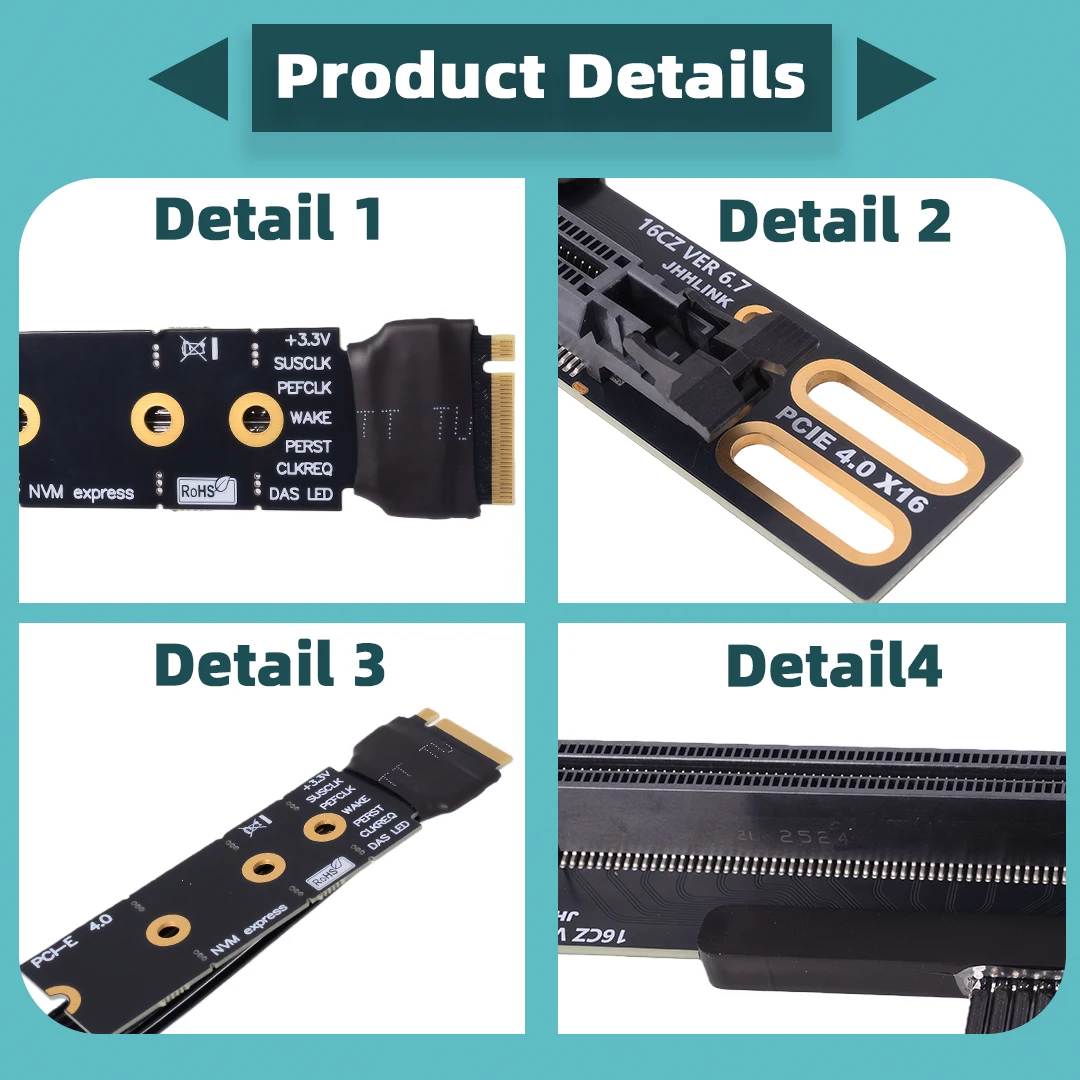 M.2 NVME zu PCIe X16 90 Grad PCI-E 16X M2 M-Key Schlüssel M SSD Riser Adapter Kabel + Halterung 4,0 X4 64 Gbit/s Gen4 für GPU High Speed