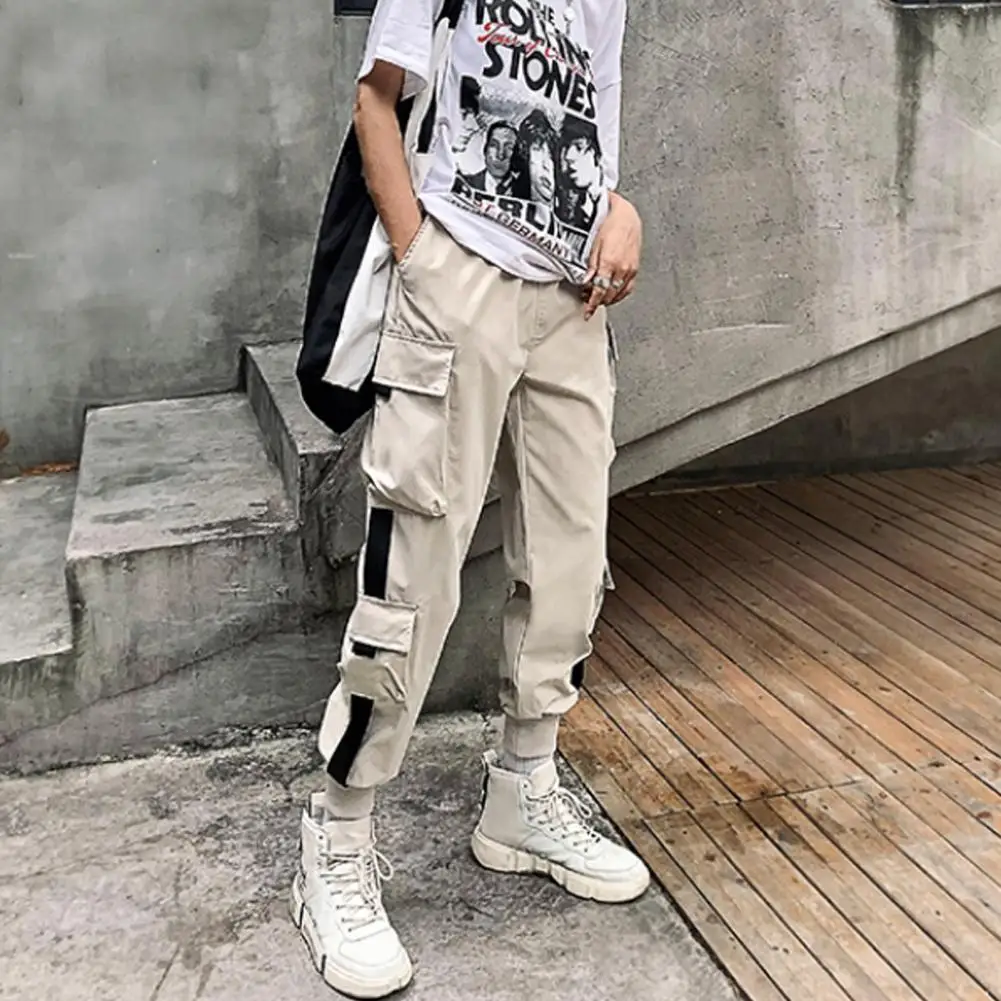 Pantalon cargo pour femmes, jogging à poches avec ruban noir, streetwear hip-hop unisexe, harajuku, punk, fjHarem
