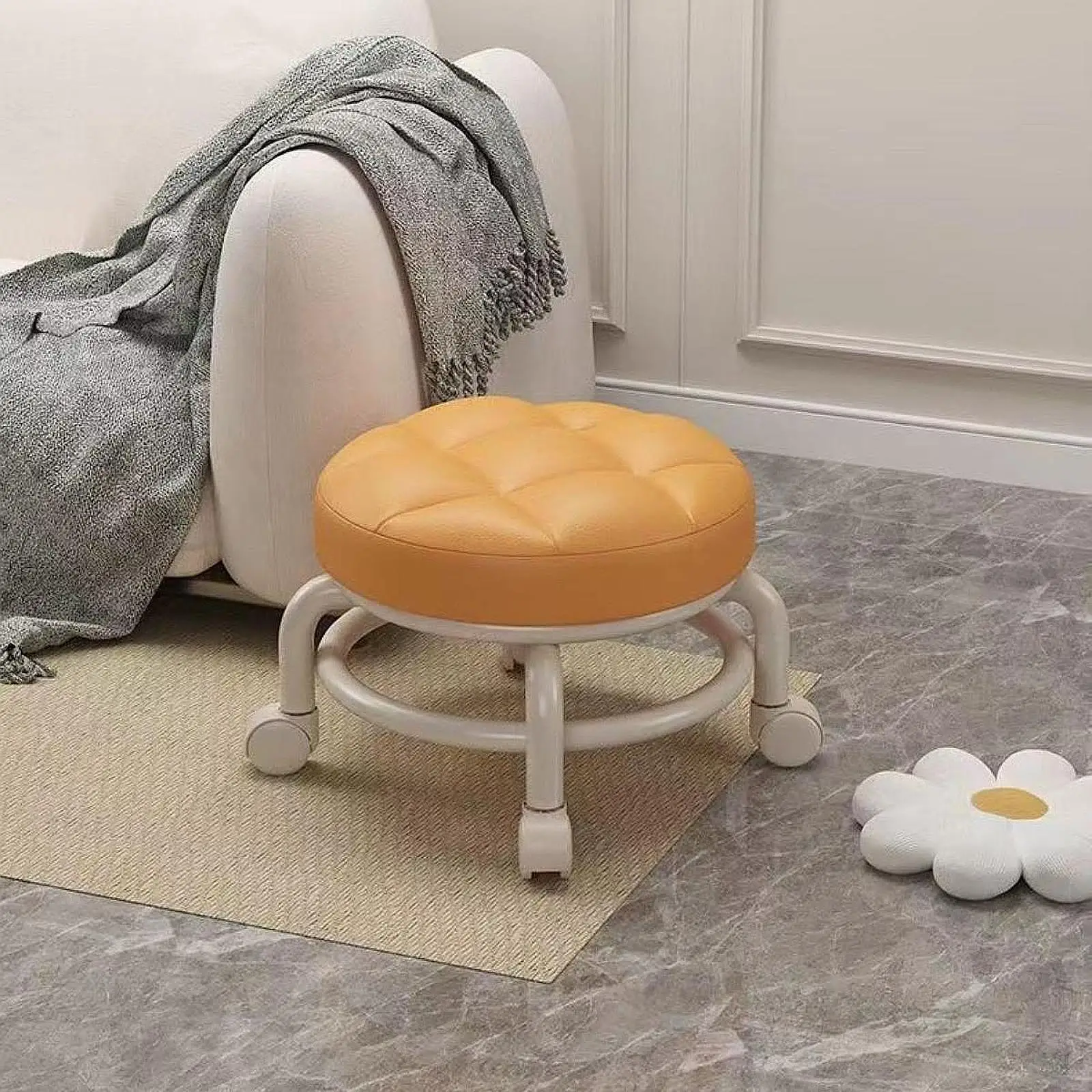 

Minimalist Roller Seat PU Leather Short Footrest Round Stool for Home Coffee Table Use