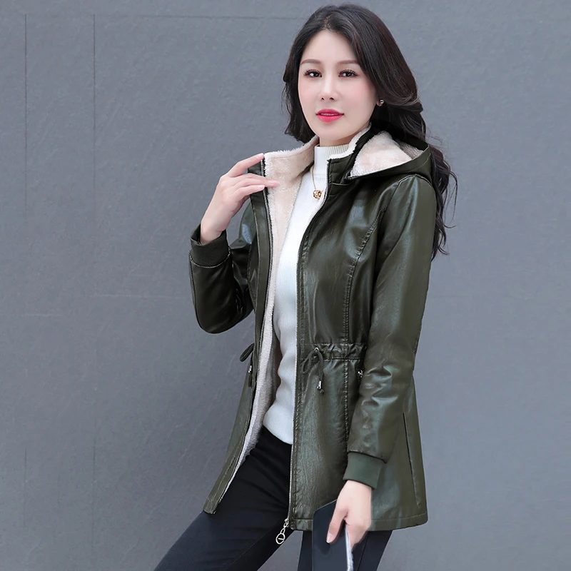 New Casual Winter Plush Women'S Pu Leather Jacket Thickened Mom'S Warm Fashionable Versatile Hooded Medium To Long Coat Female