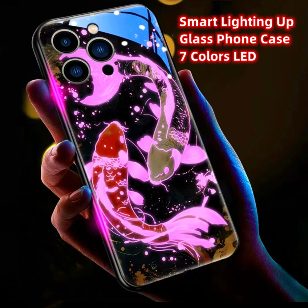 

Chinese Koi Fish Smart LED Light Glowing Tempered Glass Phone Case For iPhone Air 17 16 E 15 14 13 12 11 Pro Max XR XS Plus