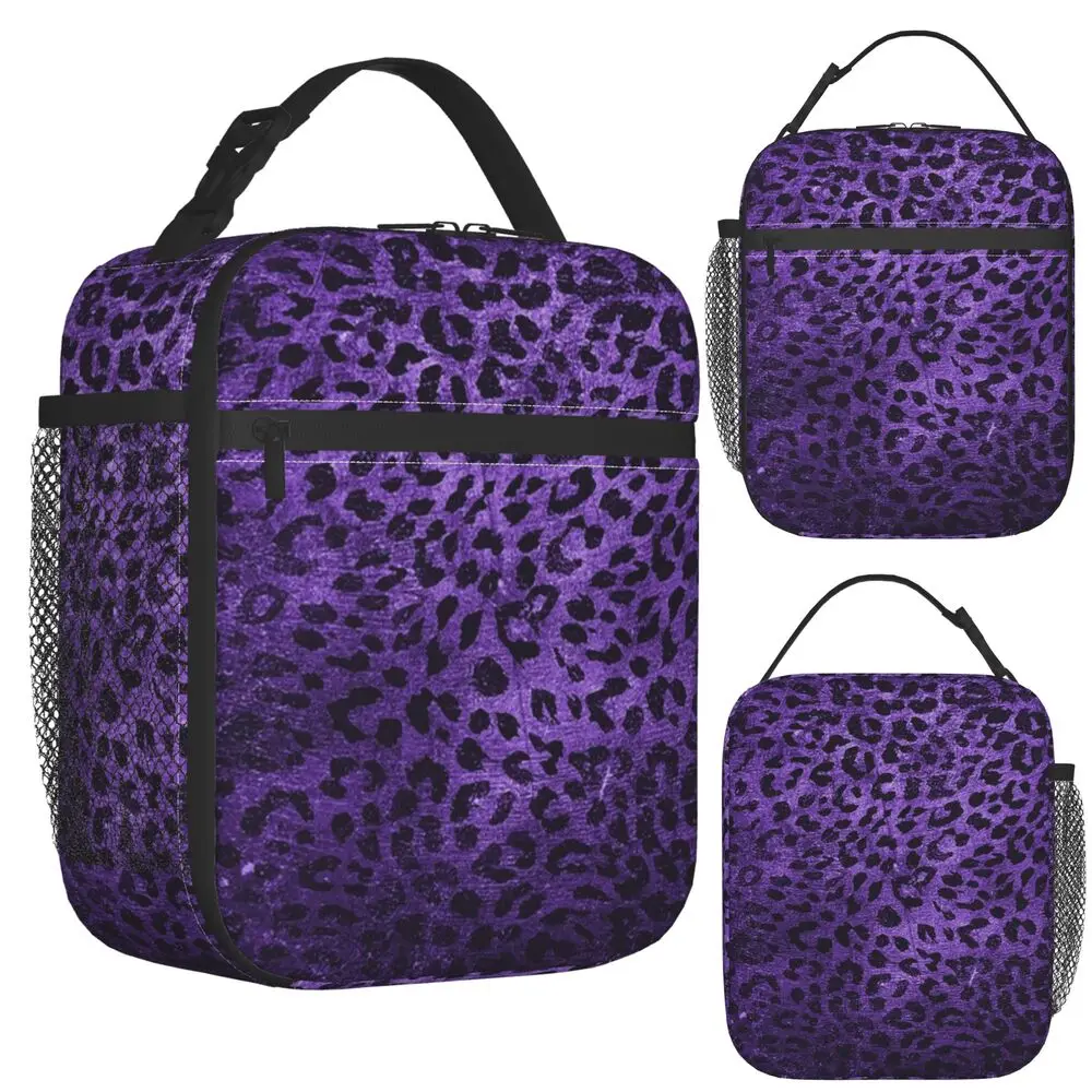 Distressed Purple Leopard Print Insulated Lunch Bag for Women Kids Portable Food Boxes Thermal Lunch Box Tote