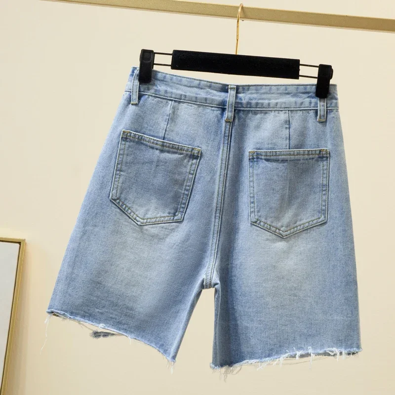 Shorts jeans rasgados para mulheres, meio jeans feminino, streetwear solto, calça curta casual, calça quente, buraco reto, verão