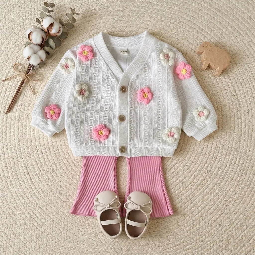 Baby Girls 2Pcs Outfit Spring Knit Cardigan with 3D Flower Applique + Pink Flare Pants Toddler Cute Clothing Set 5