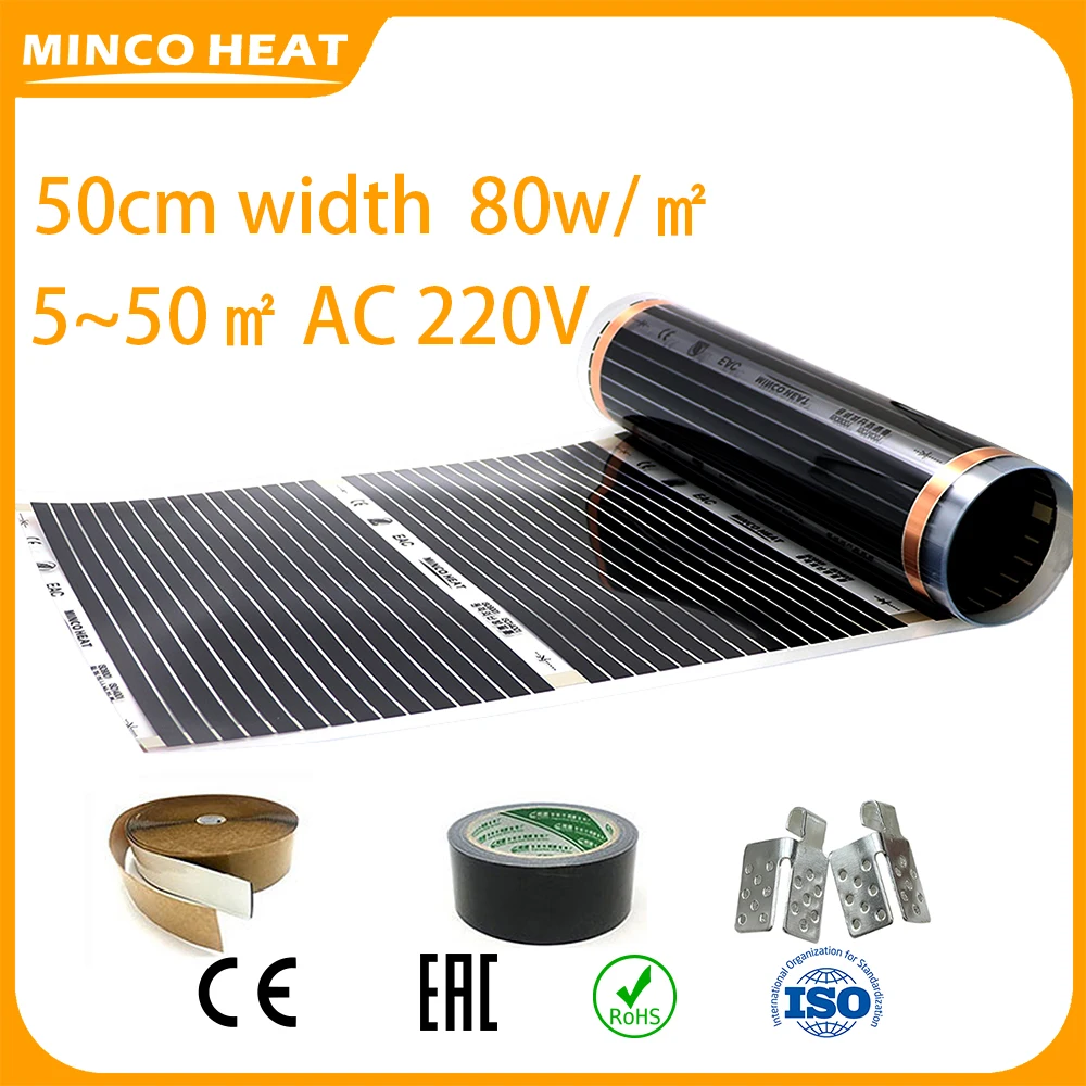 Minco Heat Folia do ogrzewania podłogowego na podczerwień 80w/ ㎡   5~50 ㎡   Szerokość 50 cm Maks. 35 ° C Oszczędność energii dzięki zaciskom i pastom izolacyjnym