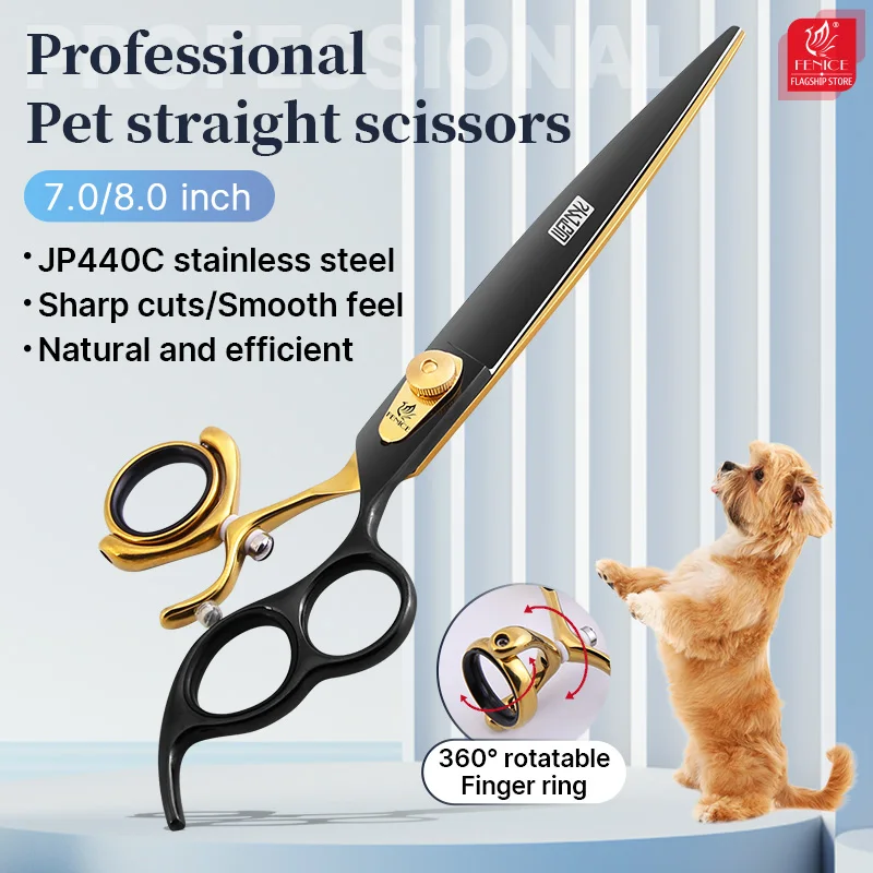 Fenice Professional Dog Scissors JP440C 7.0/8.0 inch 3-hole handle swivel black gold straight cutting pet grooming scissors