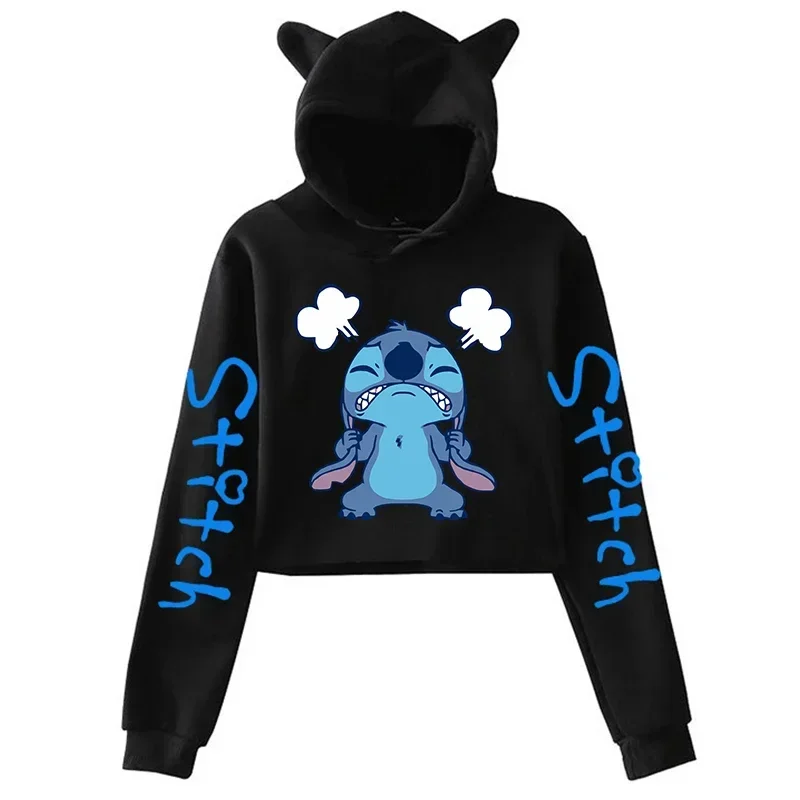 Cute Stitch Disney Hoodie Crop Top Women Sweatshirt Kids Boys Girls Harajuku Streetwear Clothes Hoodies Cropped