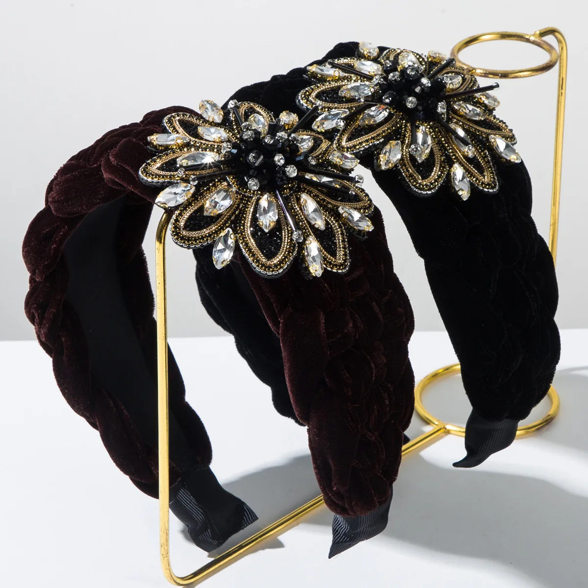 

Fashion flannel woven high-quality headband women's beaded rhinestones flower accessories headband hair accessories Internet cel