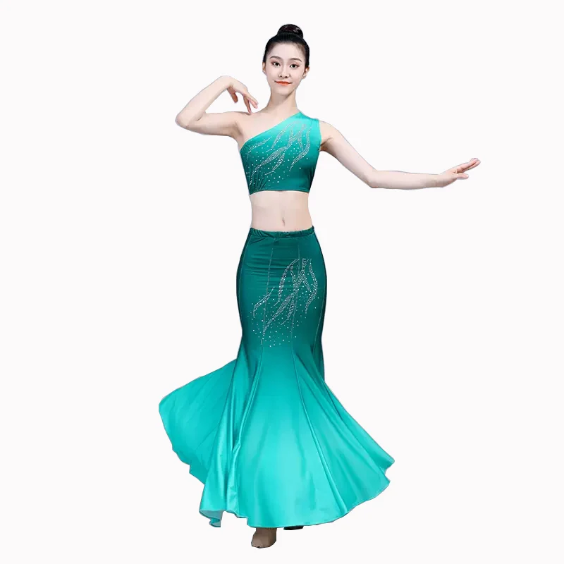 Adult Woman Dai Dance Costume Wrap Hip Peacock Dance Dress Fishtail National Hmong Dancing Clothing Festival Performance Outfit