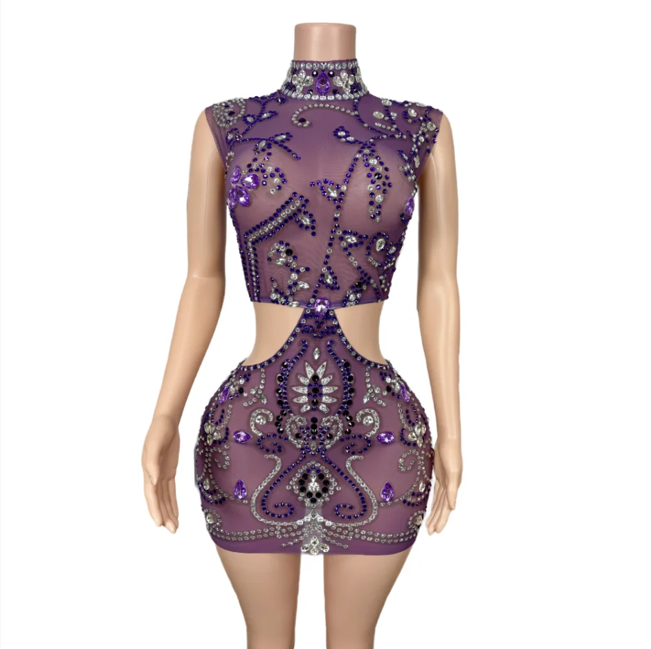 

Sexy Evening Purple Rhinestones Sleeveless Waist Hollow Dress Female Birthday Celebrate Singer Stage Outfit ziteng