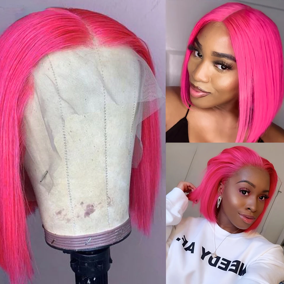 

Rose Pink Colored Bob Wig Human Hair 13x4 Straight Lace Front Wigs 150% Density Pre Plucked Transparent Lace Bob Wigs for Women